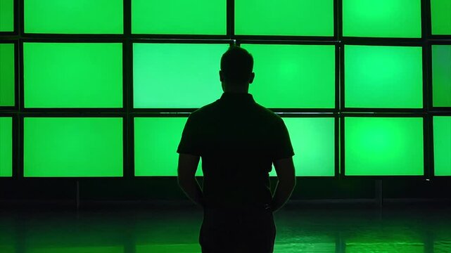 Man standing in silhouette in front of a wall of video screens. Each screen is a chroma key green screen.