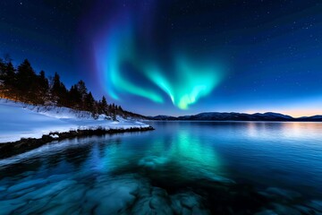 Naklejka premium A vibrant green aurora borealis dances above a snow-covered lake and a dark, forested shoreline.