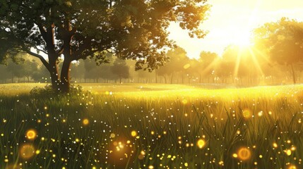 The peaceful forest meadow is illuminated by the setting sun, with a twinkling effect adding a...