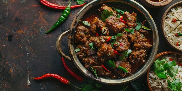 Delicious Sukha chicken or mutton dry spicy Murgh or goat meat served hot mutton fry special traditional hot spicy dish Buffalo roast and meat pepper fry South Indian non vegetarian food to