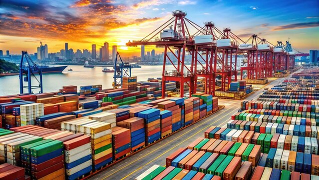 Stacks of shipping containers at a busy port, with a cargo ship in the background, highlighting the impact of import tariffs on global trade.