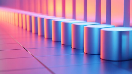 Geometric design featuring illuminated cylindrical shapes in vibrant colors, creating an abstract and modern aesthetic.