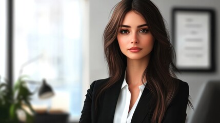 Fototapeta premium Beautiful modern brown hair business woman portrait in the office with copy space
