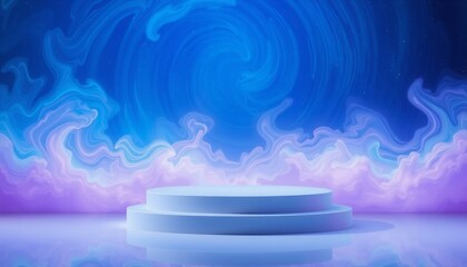 podium isolated in cosmic swirl of cool hues blues and purples blending seamlessly creating otherworldly ambiance