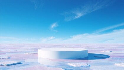 podium floating on sea of color icy blues and purples creating endless horizon conveying sense of freedom and possibility