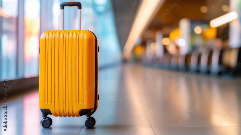 Poster A yellow suitcase sitting on a tiled floor in an airport, AI