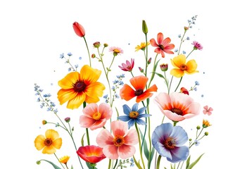 Colorful wildflowers including sunflowers, daisies, and poppies against a white background