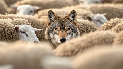 Obraz premium wolf in the middle of a flock of sheep.