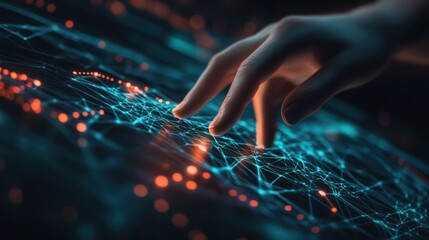 Digital transformation conceptual for next generation technology era, AI, Machine learning. Hands touching the big data structure, Digital data network connections, Data transformation.