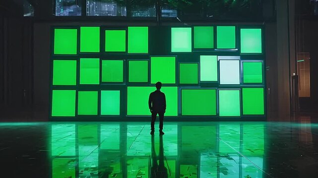 Pulling back from man standing in silhouette in front of a wall of video screens. Each screen is a chroma key green screen.