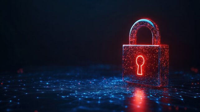 Digital red glowing padlock made of glowing atoms, for computing system on dark blue background, cyber security technology for fraud prevention and privacy data network protection concept