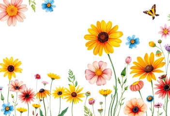 Colorful wildflowers including sunflowers, daisies, and poppies against a white background