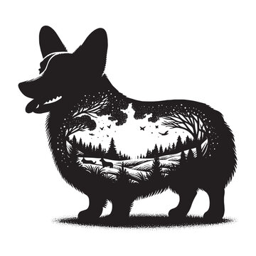 recommend clip art: silhouette of Corgi, filled with nature view in rough drawing,