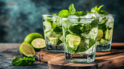 Meticulously crafted photo of a mojito cocktail with lime and mint in glasses on a wooden board, against a blue background
