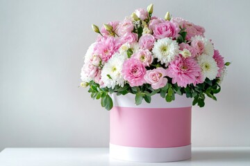 Fototapeta premium Beautiful bouquet of rose and chrysanthemums flowers and pink gift box on white table background. Gift for holiday, birthday, Wedding, Mother's Day, Valentine's day, Women's Day. with generative ai