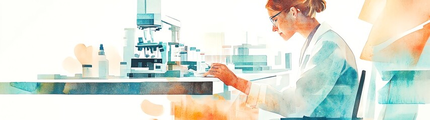 A scientist working in a laboratory with a microscope, focused on research and development in a bright environment.