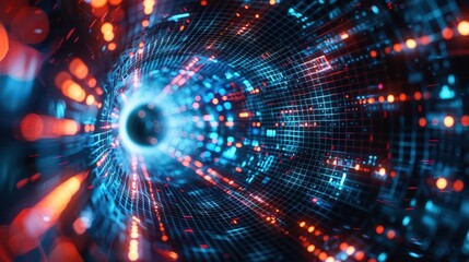 Obraz premium A captivating abstract digital tunnel showcasing vibrant blue and orange lights, conveying a sense of depth and motion.