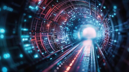 Fototapeta premium A futuristic tunnel filled with vibrant lights and digital patterns, representing the concept of technology and innovation.