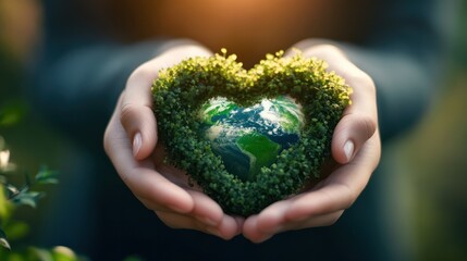 hands forming a heart with green planet, environmental concept