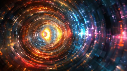 A vibrant digital tunnel of colors and light, evoking a sense of depth and movement in a cosmic environment.