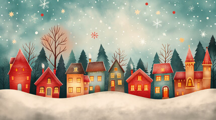 Fototapeta premium Charming winter village with colorful houses nestled in snow, under a starry night sky. The scene captures the cozy and festive atmosphere of a holiday season evening.