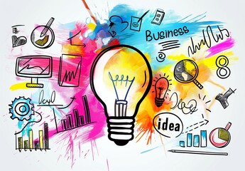 Creative lightbulb with colorful business and technology sketches on white background. Symbol of innovation and creative ideas.