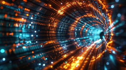Obraz premium A mesmerizing tunnel of vibrant blue and orange lights, showcasing dynamic patterns and a sense of motion in a digital landscape.
