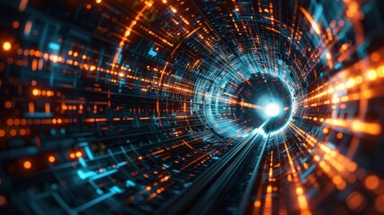 Fototapeta premium Abstract digital tunnel with glowing lines and particles creating a dynamic flow of energy and light, perfect for tech designs.