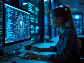 Female cyber security analyst analysing AI cyberspace threats on a computer screen in dark digital tech office data centre. Blue lighting. IT specialist woman ethical hacking