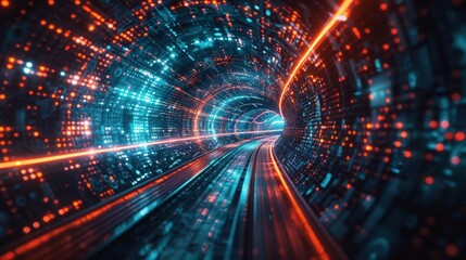 Fototapeta premium A vibrant digital tunnel showcasing glowing lines and data streams, symbolizing technology and innovation in a futuristic setting.