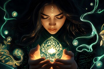 A woman with dark hair holds a glowing orb in her hands, surrounded by swirling green energy. Her expression is focused and serene.