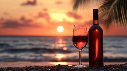 Seashore sunset with wine bottle and glasses