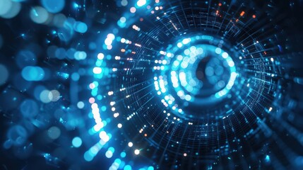 Abstract digital background featuring glowing blue particles and light rays, ideal for technology and science concepts.