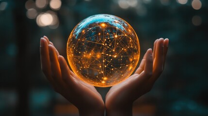 Pair of hands holding a transparent globe with digital connections and nodes superimposed over it, representing a network, global communication