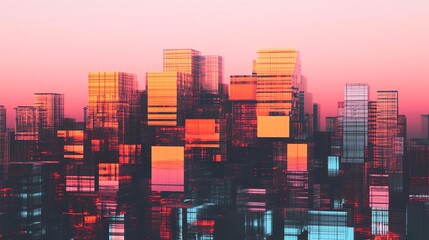 Obraz premium A vibrant cityscape at sunset, showcasing colorful glass buildings reflecting warm hues in the sky.