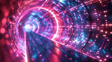 Obraz premium A vibrant, illuminated tunnel featuring dynamic lights and digital patterns, creating a futuristic and mesmerizing atmosphere.