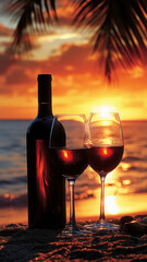 Beach sunset with wine bottle and glasses by the sea