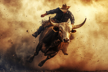 A fearless cowboy rides the wild bull in an exhilarating competition at dusk