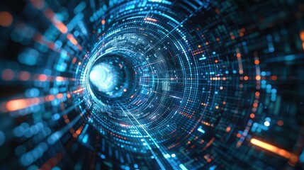 Fototapeta premium A stunning visual representation of a digital tunnel, illuminated by vibrant lights and data streams, evoking a sense of technology and motion.