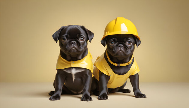 Adorable Black Pug Puppy in Construction Helmet  Studio-Lit Commercial Image with Yellow Background  Perfect for Pet Marketing, Construction-Themed Promotions, and Playful Branding