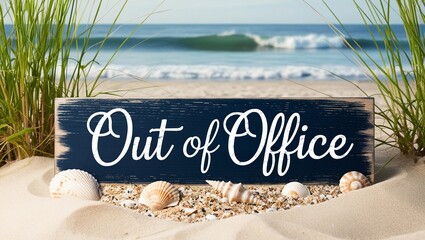 "Out of Office" Sign on Beach with Seashells and Ocean Waves

