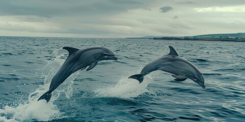 Fototapeta premium Two mature bottlenose dolphins leaping near the coastline mid air jump featuring a dolphin with open eyes