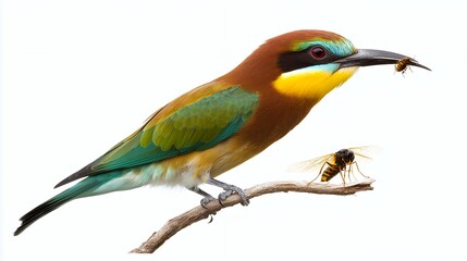Fototapeta premium A colorful bird perched on a branch, holding an insect in its beak.
