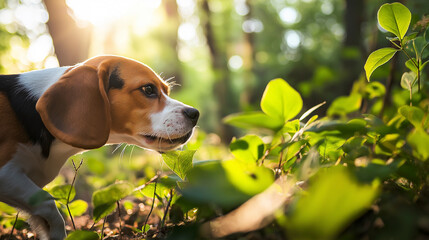 Um curioso cão beagle fareja a vibrante folhagem verde no chão da floresta, banhado pela suave luz do sol que se filtra pelas árvores.