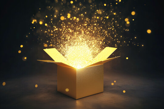 A magical box opens, releasing golden rays and shimmering sparks into the enchanting night