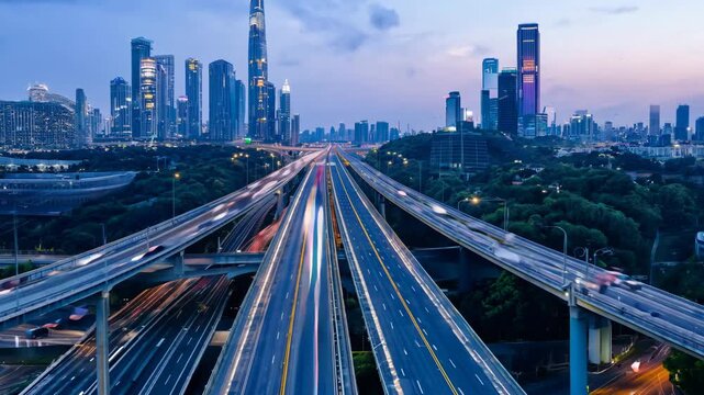 Busy city road junction time lapse. Cars drive fast along urban road, hurry home after work timelapse. Modern town with skyscrapers. High speed traffic highway. Aerial drone top view from above. - Powered by Adobe
