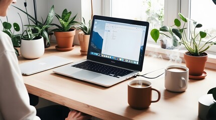 Fototapeta premium home office with a wooden desk in natural light. Include a laptop, potted plant, and a person working comfortably. Capture the blend of productivity and tranquility in a modern remote work environment