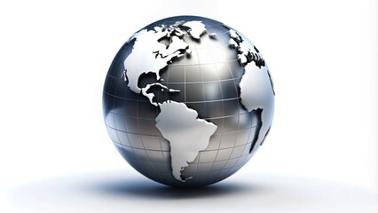 Obraz premium Stylized globe icon with metallic finish and subtle shadow, centered on a clean white background, symbolizing global connectivity and modern technology.