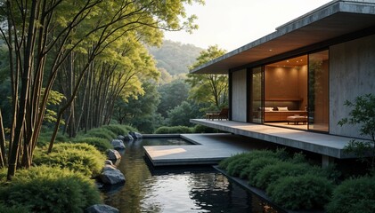 Modern Japanese home with sleek design, large windows, and a serene bamboo garden, emphasizing harmony with nature. Perfect for ads.