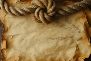Old nautical parchment with a rustic rope knot on a vintage wooden surface